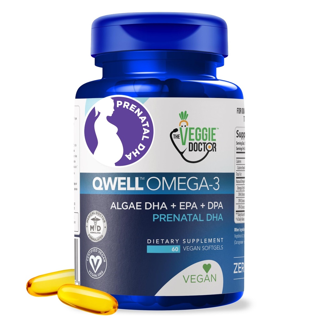 Vegansk prenatale vitaminer med DHA (60 Greve) Omega-3 - Qwell bedre end Fish Oil, Brain Function - 820 Mg Algae DHA & EPA, Vegansk prenatale vitaminer med vitamin E, Carrageenan-fri