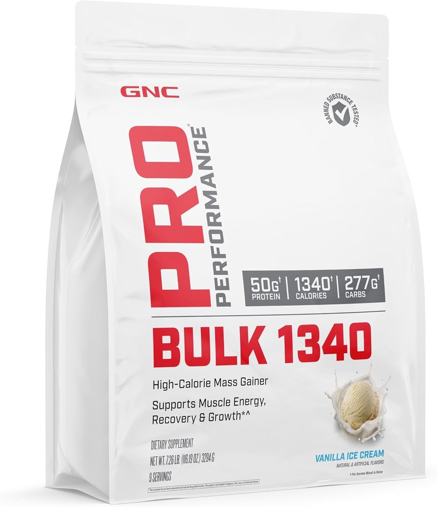 GNC Pro Performance Bulk 1340 Mass Gainer Protein Powder, 50g, Gluten Free, Whey, Creatin, BCAA, 3. part testet, Muscle Recovery & Growth, Mikronutrients, Vanilla Ice Cream, 9 Servere