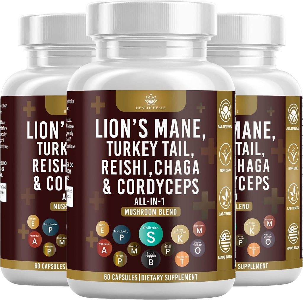 Mushroom supplement med løvens Mane Tyrkiet Tail Reishi Cordyceps Chaga Marshmallow Root - 180 Greve
