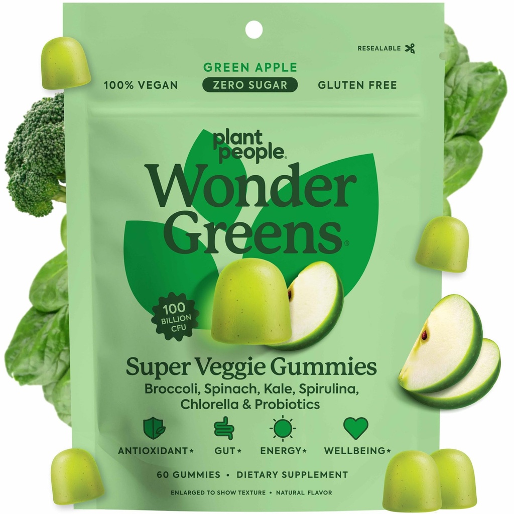 Plante Folk WonderGreens Veggie Gummies Super Green med Probiotika Multivitamin Support Gummy for Wellbeing, Energi, Immun og Gut Sundhed, Green Apple Flavor (60 Greve)