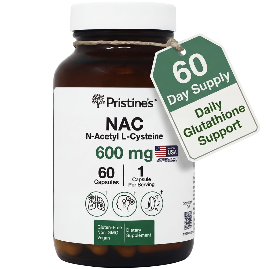 PRISTINE 'S N- Acetyl L- Cysteine (NAC) Immunitet, Lung, & Lever Support Kapsler - 600MG 60 Day Supply - Potent Antioxidant - Vegan, Gluten Free, Ikke GMO
