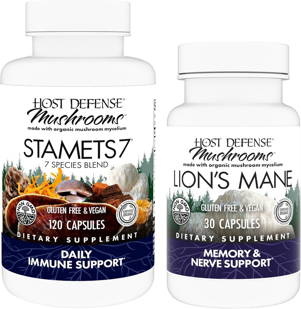Host Defense Bundle med Stamets 7, 120 Count & Lions Mane Capsules, 30 Count - Support immunforsvar sundhed & funktion - Support Brain Health, Memory & Focus *