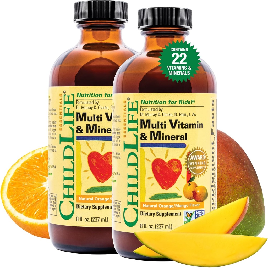 BEDLIV VÆSENTLIGE Kids Multivitamin & Mineral - Kids Vitaminer, Flydende Multivitamin til børn, Toddler Multivitaminer, Flydende Vitaminer, Baby Multivitamin - Natural Orange & Mango, 8 Fl Oz (Pack of 2)