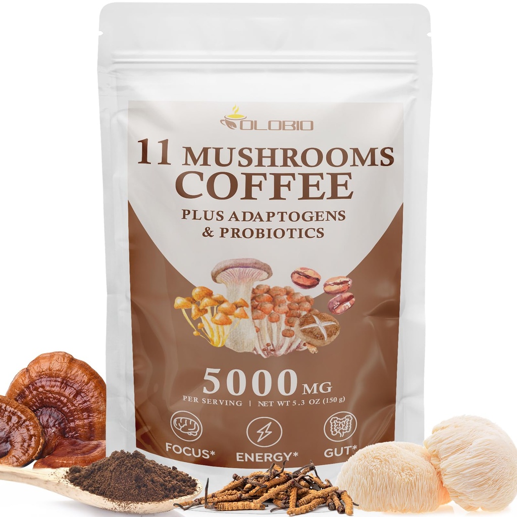Mushroom kaffe, 11 Organic Mushrooms Plus Adaptogens & Probiotika, med Lions Mane, Chaga, Reishi, Cordyceps Complex, Instant Coffee for Focus, Energy, Gut, fordøjelse, Immunitet - 5.3oz