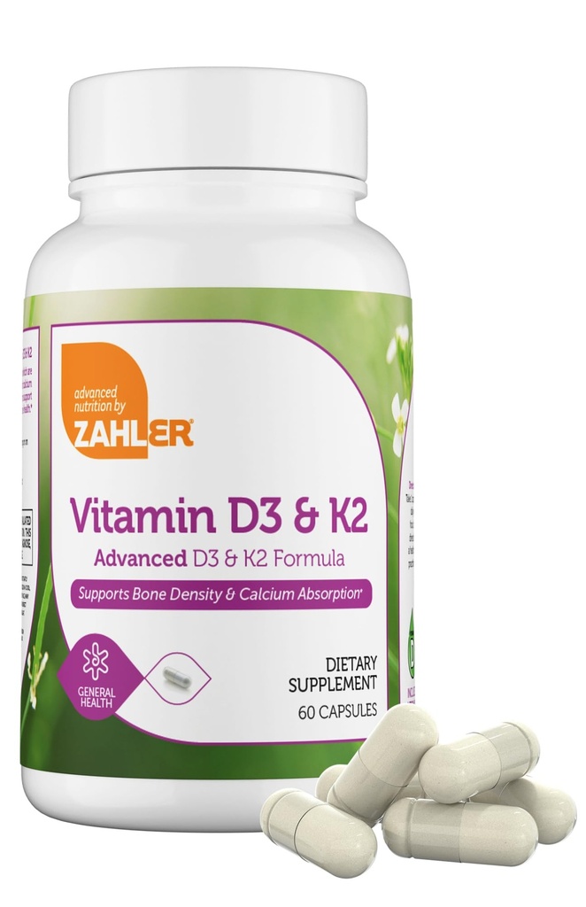 Zahler vitamin D3 5000 IE K2 - avanceret vitamin D3 K2 formel - ben densitet & Calcium Absorption - Kosher Vegetar MK7 vitamin K2 D3 vitamin supplement - VIT D3 K2, vitamin D K2 (60 kapsler)