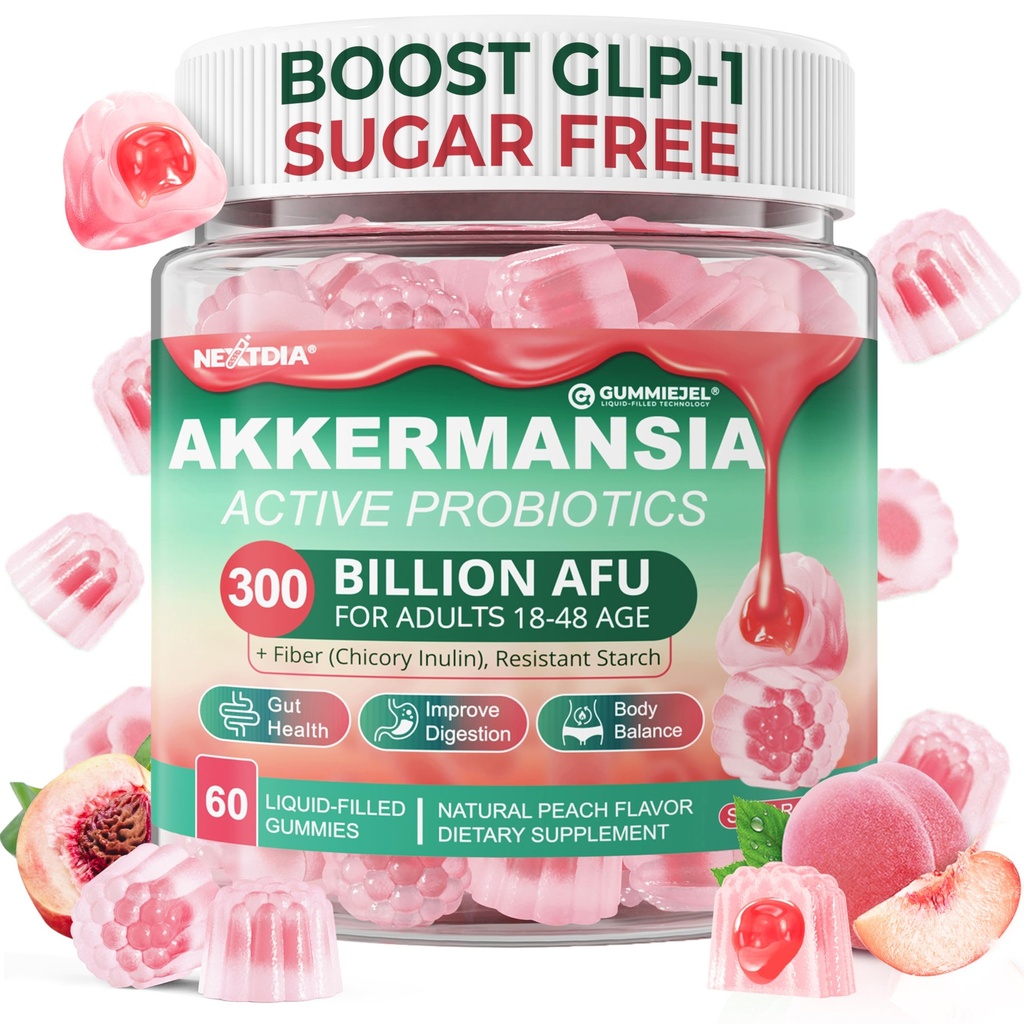 Akkermansia Probiotika Gummier med Prebiotics Fiber, 300 Millioner AFU Akkermansia Muciniphila, med Polyphenol Frugter, resistent Stivelse, Vitamin A D3 B2 for Metabolisme, fordøjelse & Gut Sundhed, 1Pack
