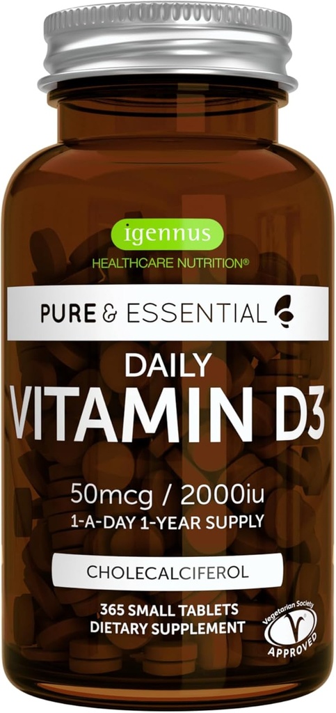Igennus Daily Vitamin D3 2000iu, 50 mcg, Clean Label, 365 små tabletter, 1- År Supply, Vegetarisk Cholecalciferol Vitamin D supplement