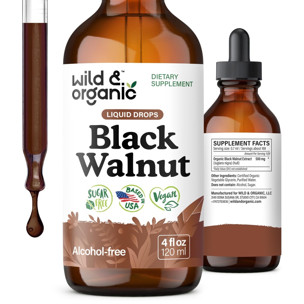 Wild & Organic Black Walnut Tinktur - Detox Rensning w / Black Walnut Hull Extract - Urtetilskud til Gut Rensning Detox og fordøjelsesbesvær - Vegansk, Sukker & Alkoholfri - 4 fl oz