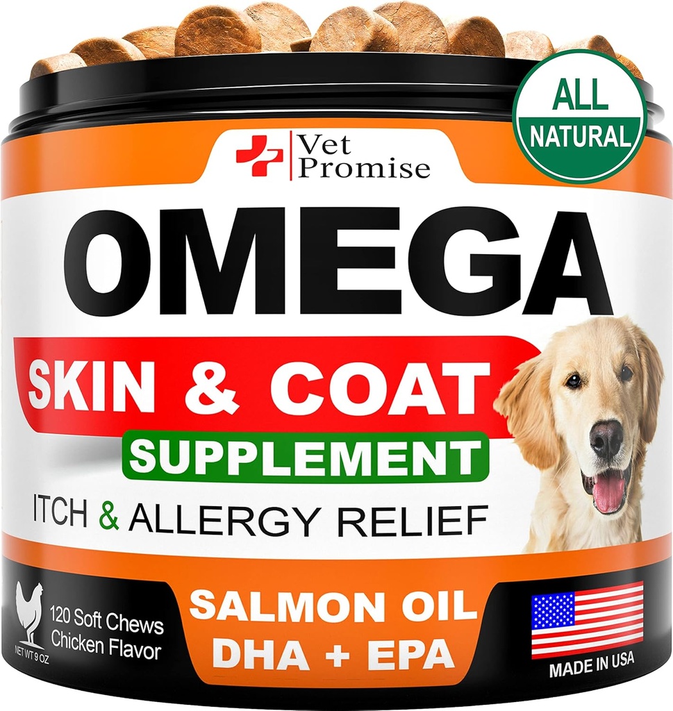 Omega 3 for hunde - Skin and Coat Supplement - Fisk Olie til hunde Tyg - Allergi og Itch Relief - Anti Sheding Supplement - Tør hud behandling - Lakseolie - Made in USA - 120 Soft Treats