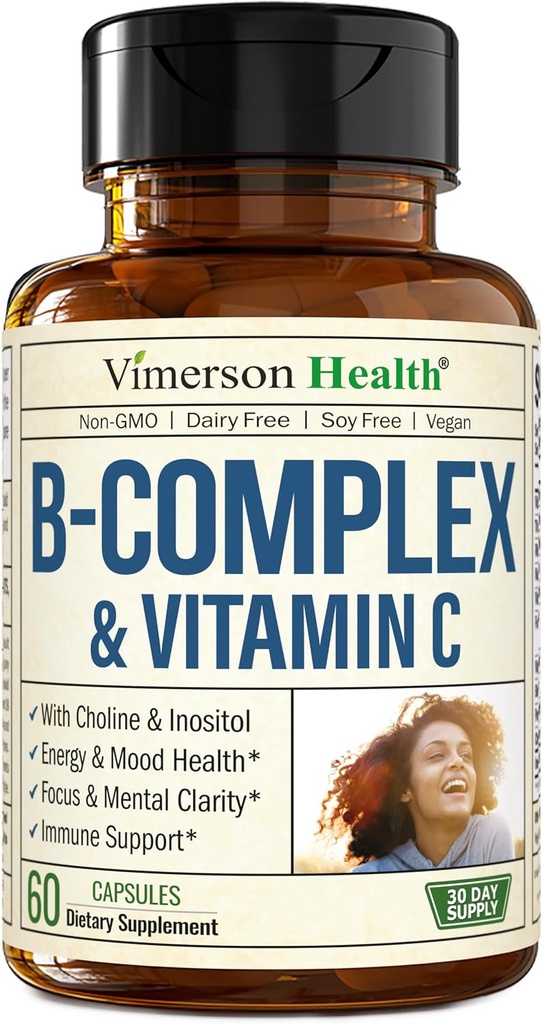 Vitamin B Kompleks med VIT C & folinsyre (Folate) - 8 høj potens B vitaminer: B1, B2, B3, B5, B6, B7, vitamin B12 + biotin, Cholin & Inositol. Aids Food, Energy, Nervesystemet & immunforsvar