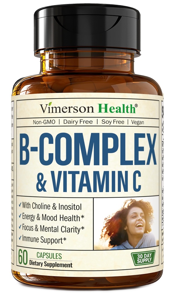Vitamin B Kompleks med VIT C & folinsyre (Folate) - 8 høj potens B vitaminer: B1, B2, B3, B5, B6, B7, vitamin B12 + biotin, Cholin & Inositol. Aids Food, Energy, Nervesystemet & immunforsvar