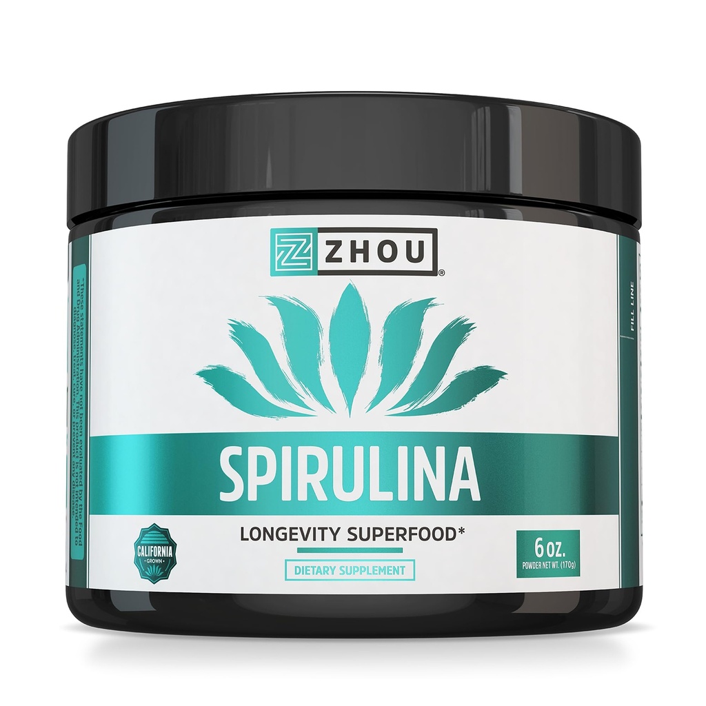 Zhou Spirulina Powder - Blå Grøn Spirulina Superfood til kvinder og mænd med Vegan Protein, Chlorophyll & Phycocylin til Glat Energi & Longevity, Drik Mix til Smoothies - 6 oz Jar (48 Servere)