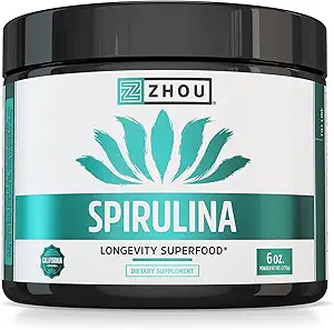 Zhou Spirulina Powder - Blå Grøn Spirulina Superfood til kvinder og mænd med Vegan Protein, Chlorophyll & Phycocylin til Glat Energi & Longevity, Drik Mix til Smoothies - 6 oz Jar (48 Servere)