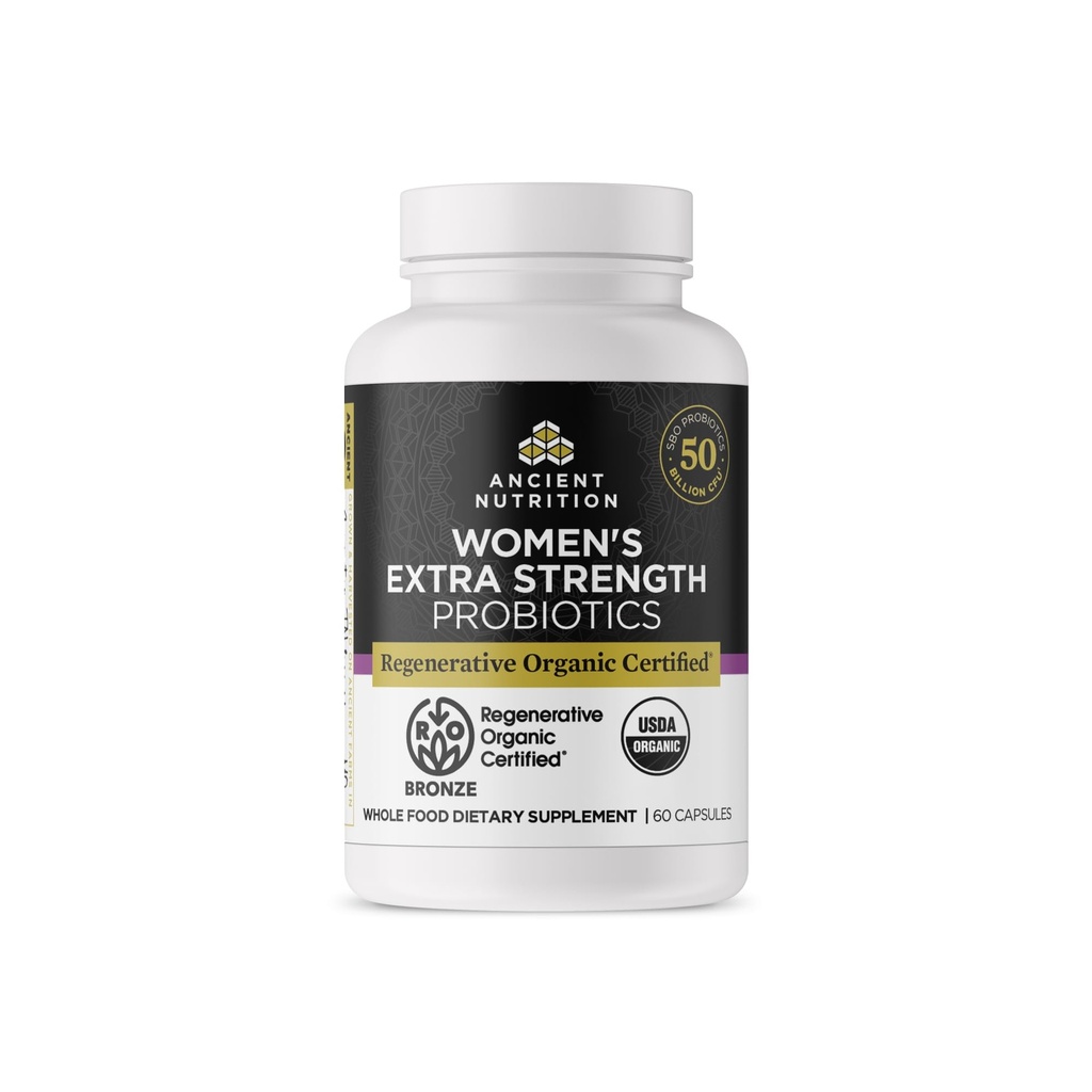 Ancient Nutrition Regenerative Organic Certified Probiotika til kvinder, Probiotika Kvinder ekstra styrke, sund fordøjelse og immunsystemet Funktionssupport, 25 Millioner CFU * Per Servering, 60 Greve