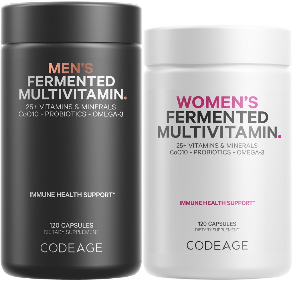 Kodeage Daglig Multivitamin Bundle: Kvinder & Mænds Multivitaminer, B-vitaminer, Probiotika, Foodbaserede blandinger, 120 Kapsler Per flaske