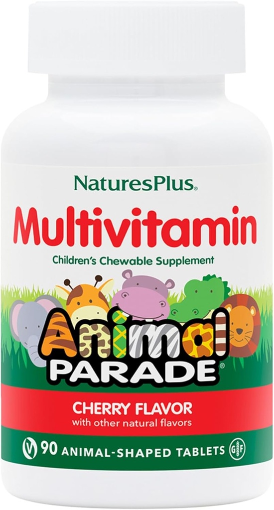 Natures Plus Animal Parade Multivitamin Children 's Chewables - Cherry Flavor - 90 Animal- Shaped Tablets - Promodes Health & Well- Being - Vegetar, Gluten Free - 45 Serveringer