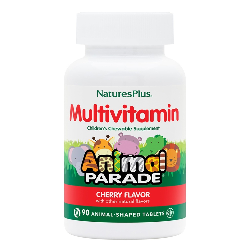 Natures Plus Animal Parade Multivitamin Children 's Chewables - Cherry Flavor - 90 Animal- Shaped Tablets - Promodes Health & Well- Being - Vegetar, Gluten Free - 45 Serveringer