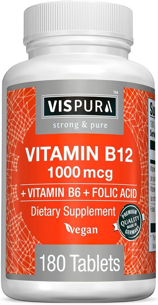 VISPURA Vitamin B12 1000 mcg methylcobalamin + B6 / folinsyre, 180 Vegan tabletter, Bedste supplement til at øge energi, Forbedre mood, Sharpen Focus *, Økologisk supplement