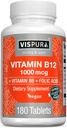 VISPURA Vitamin B12 1000 mcg methylcobalamin + B6 / folinsyre, 180 Vegan tabletter, Bedste supplement til at øge energi, Forbedre mood, Sharpen Focus *, Økologisk supplement