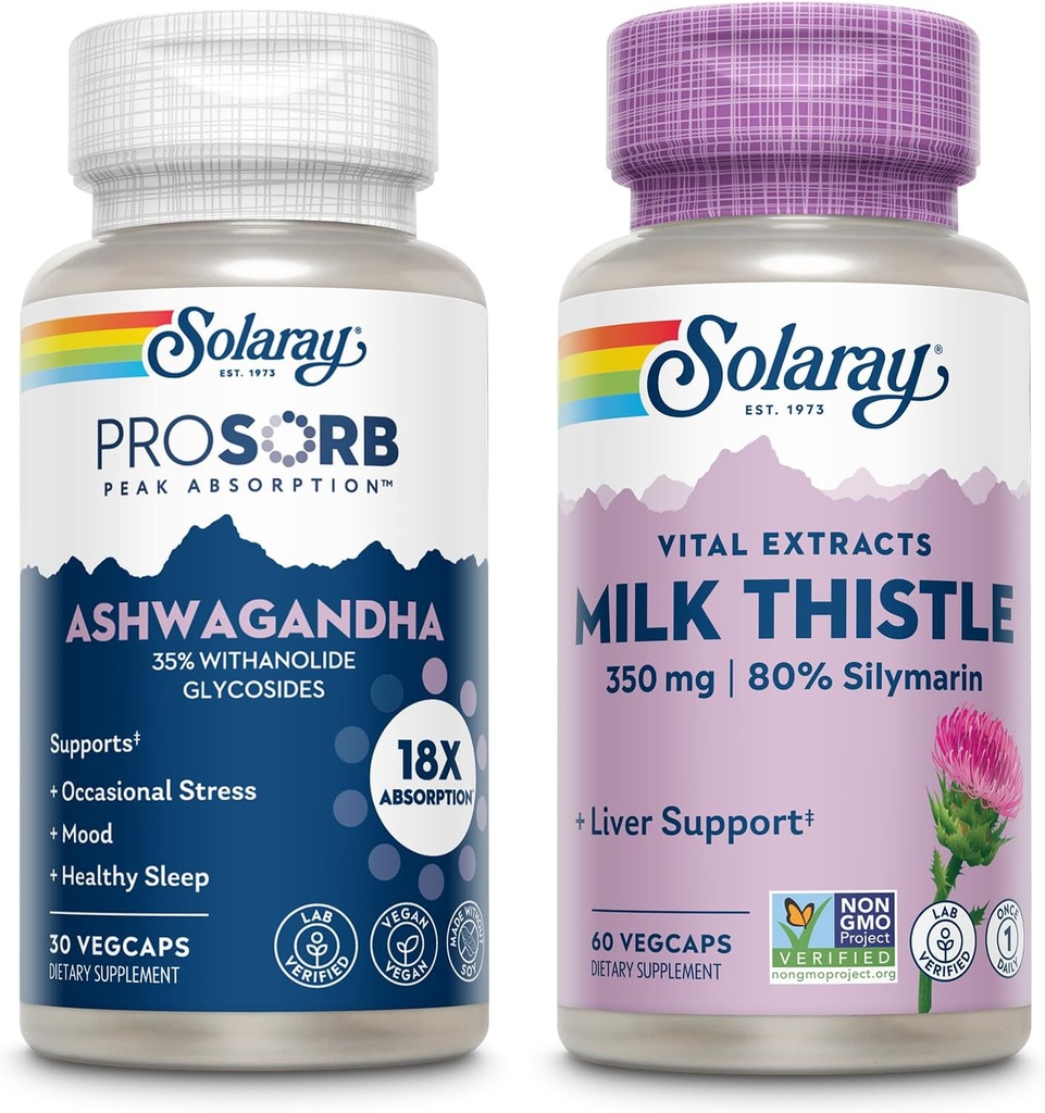 SOLARAY Ashwagandha og Milk Thistle Supplement Bundle, 18X Absorption Ashwagandha Kapsler til Mood Support Plus Milk Thistle Extract, Vegan, 60- Day Garanti, 30ct / 60ct