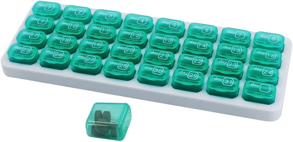 Månedlig Pill Organizer, Stor Travel Pill Box 31 Dag, Daily Pill Case, Pill Holder Container for Vitamin, Medicin, tillæg, Fish Oil, Grøn