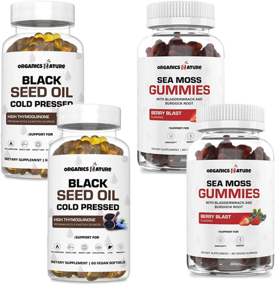 ORGANICS NATUR Black Seed Oil Capsules (2 Flasker) & Sea Moss Gummies (2 Flasker) Beeg 124; Vegan Softels, til hår, hud, hjerte, fælles støtte, Lung Detox, energi, Mucus Clear, Thyroid, fordøjelse Omega 3s