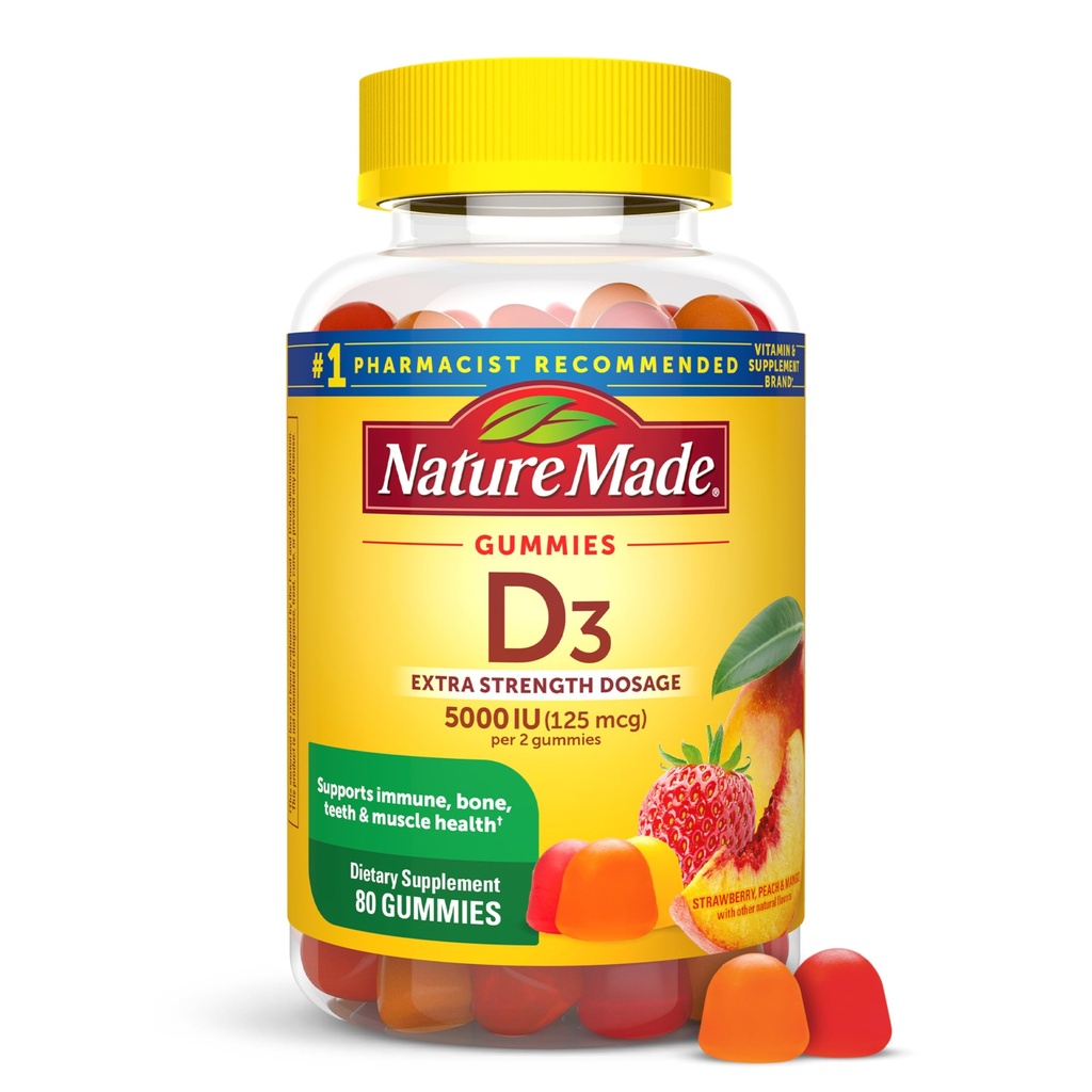 Nature Made Vitamin D3 5000 IE Per Serving Gummies Extra Strength, Knogle og immunforsvar Support, 80 Vitamin D Gummies til voksne, 40 dages forsyning