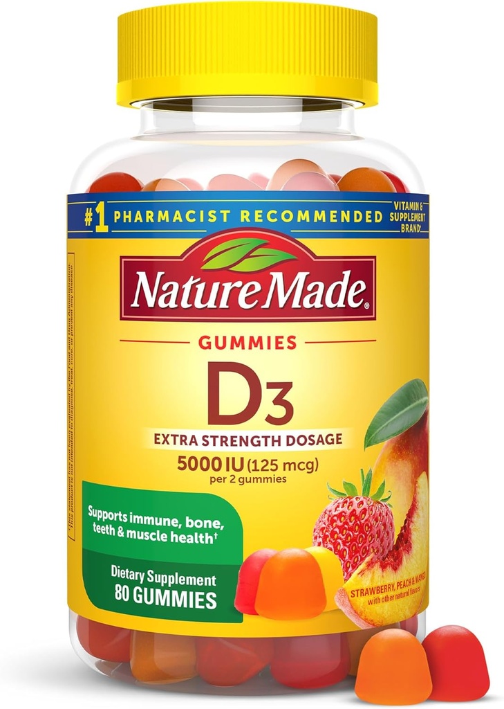 Nature Made Vitamin D3 5000 IE Per Serving Gummies Extra Strength, Knogle og immunforsvar Support, 80 Vitamin D Gummies til voksne, 40 dages forsyning