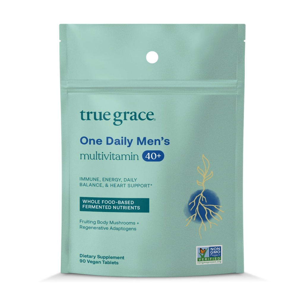True Grace Mænds 40 + en daglig multivitamin gæret mineral, Organic Adaptogens & Svampe Hel Body Balance Immun, Endurance, Bone & Heart Support - Non- GMO - 90 Vegetariske tabletter