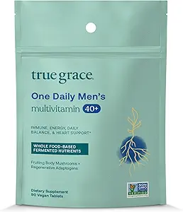 True Grace Mænds 40 + en daglig multivitamin gæret mineral, Organic Adaptogens & Svampe Hel Body Balance Immun, Endurance, Bone & Heart Support - Non- GMO - 90 Vegetariske tabletter