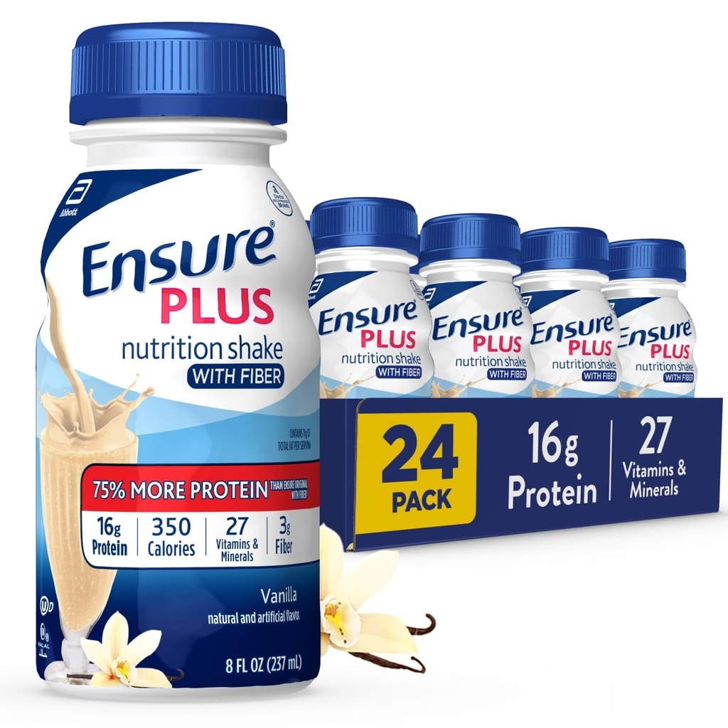 Sikre Plus vanilje Nutrition Shake with fiber against 124; Meal Erstatning Shake 124; Klar til at drikke 124; 16g Protein og 27 Vitamin og mineral Shake 124; 8 fl oz - 24 Pack