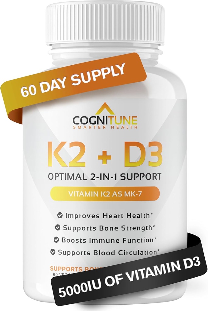 Vitamin D3 5000 IE med vitamin K2 (MK7) Supplement - Premium Immunation, Heart & Bone Health Capsules - Vitamin K2 D3 Complex med 5000 IE D3 & 90 mcg vitamin K2 mk7- 60 Tæl