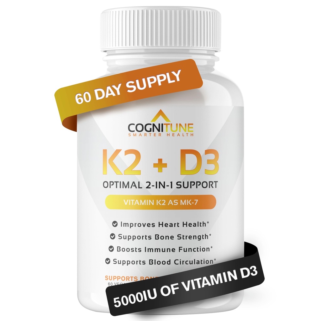 Vitamin D3 5000 IE med vitamin K2 (MK7) Supplement - Premium Immunation, Heart & Bone Health Capsules - Vitamin K2 D3 Complex med 5000 IE D3 & 90 mcg vitamin K2 mk7- 60 Tæl