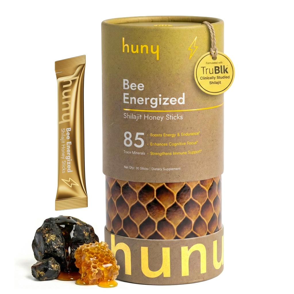 HUNY Bee Energized Shilajit Honey Sticks | Functional Raw Honey + TruBlk Clinically Studied Pure Himalayan Shilajit | 85+ Trace Minerals & Fulvic Acid for Clean Energy | 30 Count