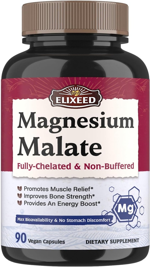 Magnesium Malatkapsler, Magnesiumtilskud, Chelated, Høj Absorption & Biotilgængelighed, Mineral for mænd, Kvinder & Børn, Energiproduktion & Muscle Recovery, 90 Vegan Caps