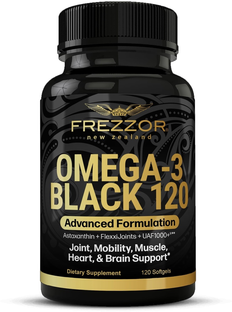 FREZZOR Omega 3 Black - Green Liped Mussel Oil Capsules, Made in New Zealand, UAF1000 +, No Fishy Aftersmage, 120 Greve (pakke med 1)
