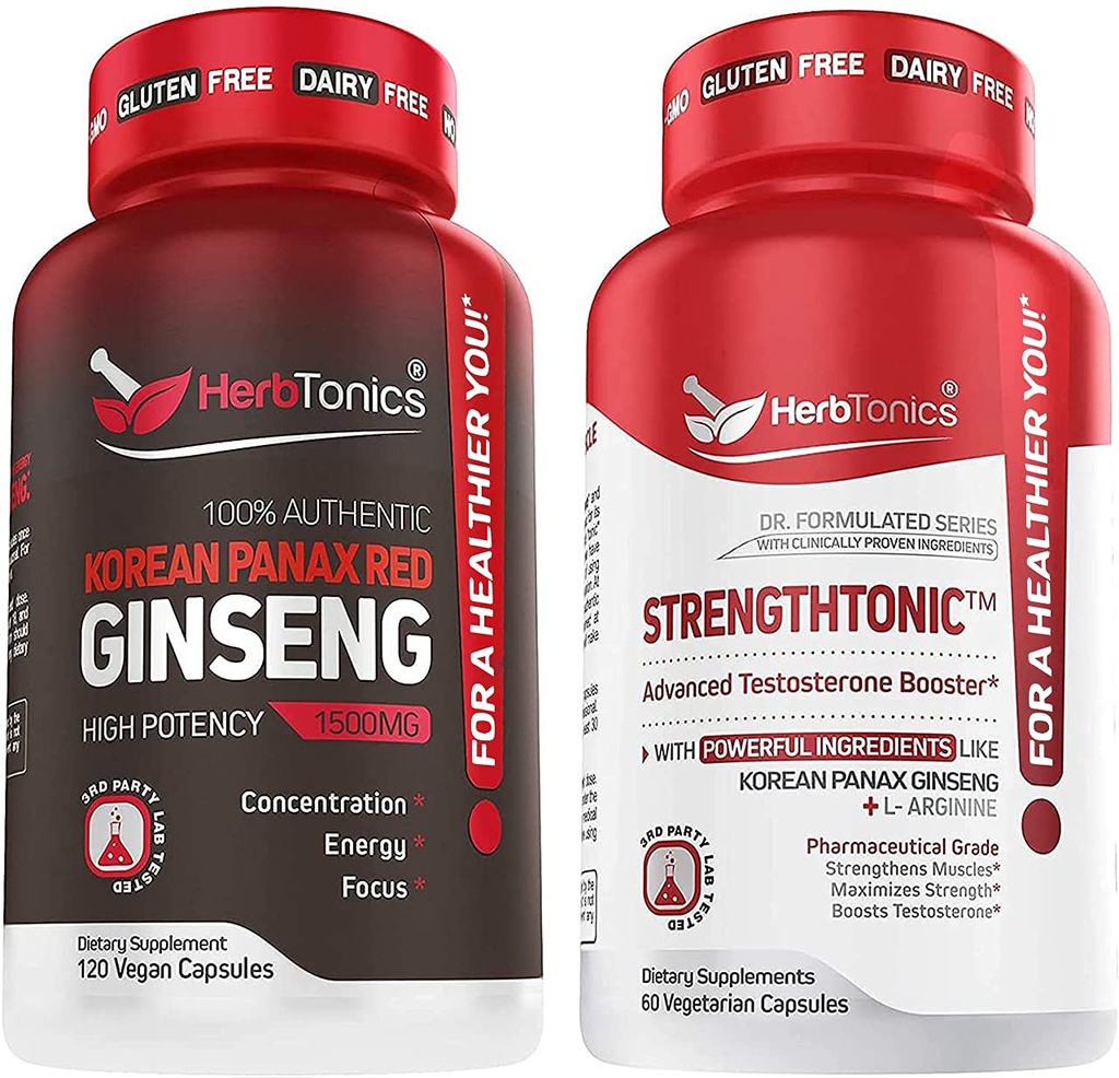 Herbtonics Koreansk Panax Rød Ginseng og Strongtonic Testosteron Booster for Mænd Bundle