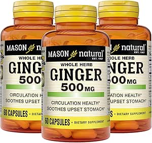 MASON NATURAL Whole Herb Ginger 500 mg, 6 Month Supply, Natural Herbal Supplement, 60 Capsules (3 Pack)