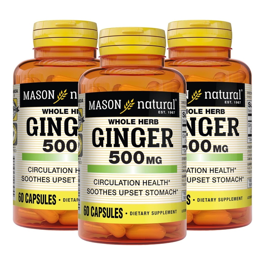 MASON NATURAL Whole Herb Ingefær 500 mg, 6 Måned Supply, Natural Herbal Supplement, 60 Kapsler (3 Pack)