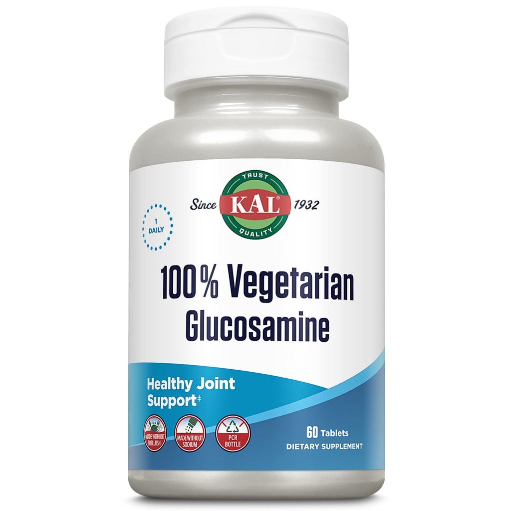 KAL 100% Vegetarisk Glucosamin 1000 mg, Fælles sundhedstillæg med Vegan Glucosamin HCl, Fælles støtte til komfort og mobilitet, Made without Shellfish, 60- Day Garanti, 60 Servering, 60 tabletter