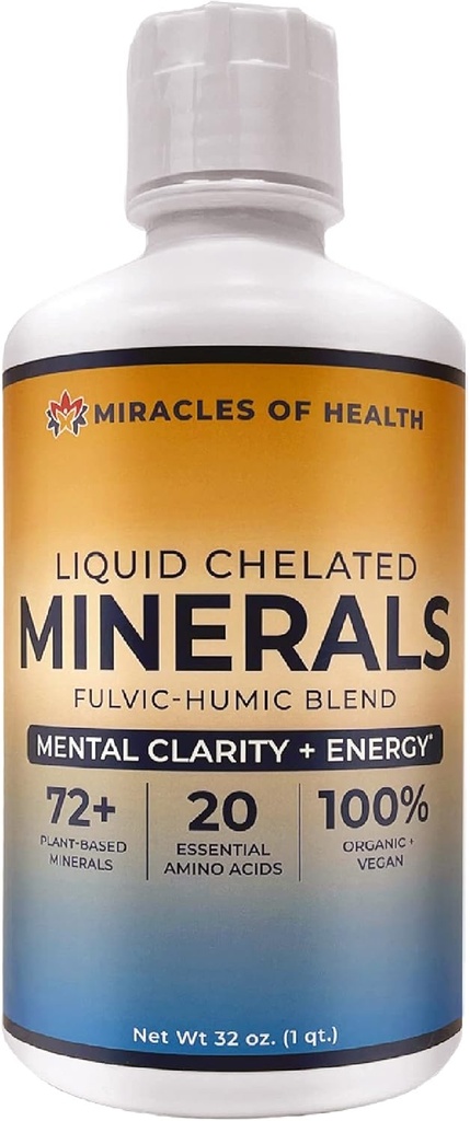 Flydende chelatholdige mineraler - Organic Humic Fulvic Mineral Blend - 72 + Plantbaserede mineraler, 20 essentielle aminosyrer - 100% Natural - 1 Måned Supply, 32 fl. oz