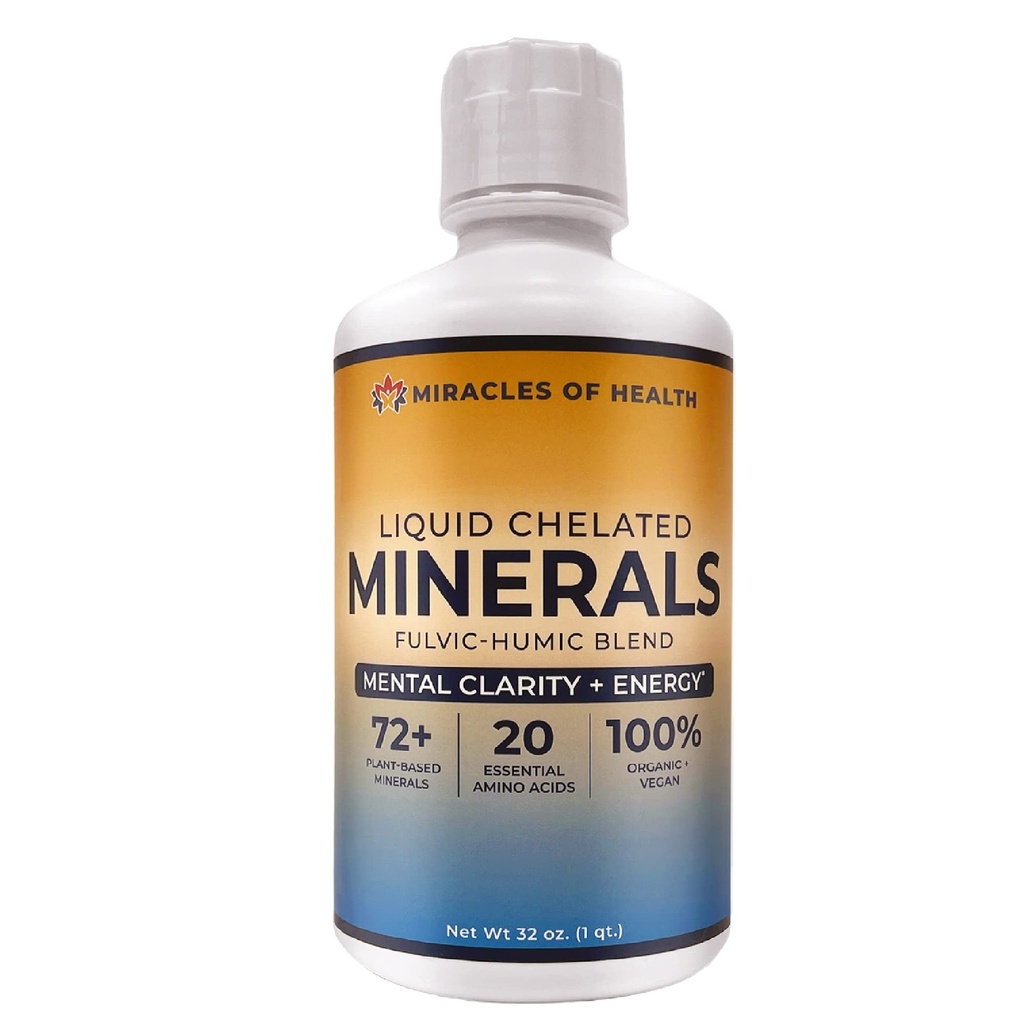 Flydende chelatholdige mineraler - Organic Humic Fulvic Mineral Blend - 72 + Plantbaserede mineraler, 20 essentielle aminosyrer - 100% Natural - 1 Måned Supply, 32 fl. oz