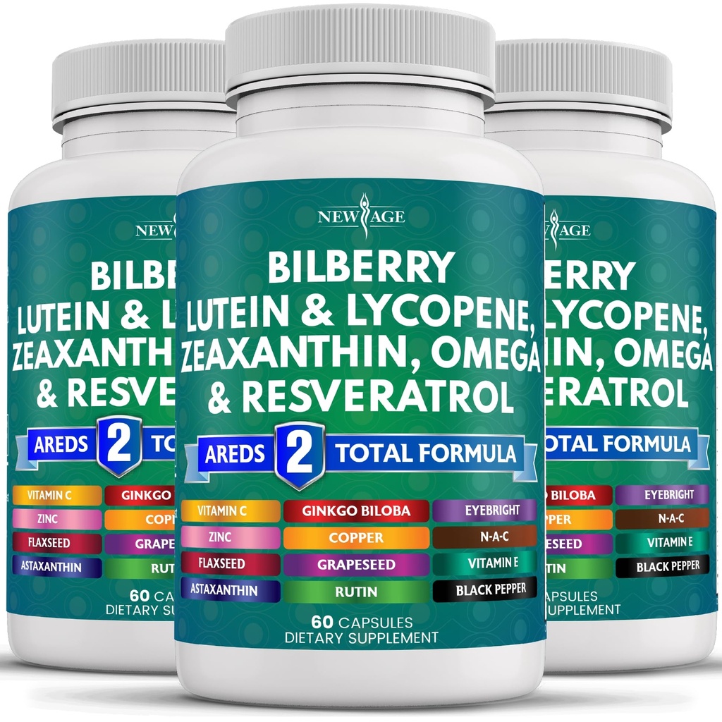 NEW AGE Eye Health Vitamin med Bilberry Lutein & Zeaxanthin Lycopene Resveratrol Grape Seed Extract Astaxanthin - Eye Vitamin - 180 Tæl