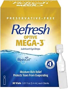 Genopfrisk Optive MEGA-3 Smøremiddel øjendråber Preservative- Gratis Kunstige Tårer, 0,01 fl oz (0,4 ml), 30 Single-Use Containers