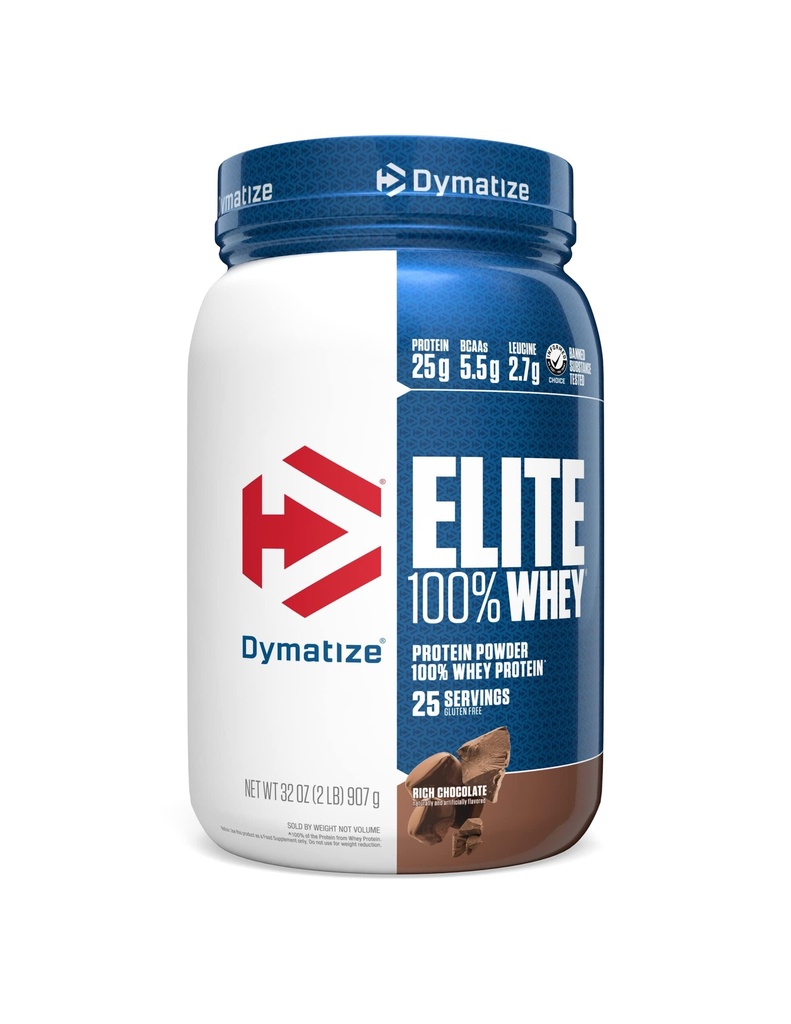 Dymatisere Elite 100% Whey Protein Powder, Chokolade, 25g protein, 5,5g BCAA, mindre end 140 Cal., Gluten Free, 3g Carb, 2g sukker, 3g fedt (25 Servere)