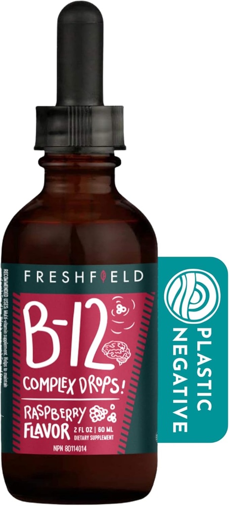 Freshfield Naturals B Complex Drops: B12, B2, B3, B5, og B6, Vegan- Friendly Liquid Formel, Forbedret Absorption 124; 1200 mcg Methylcobalamin