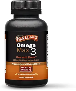 Barlean 's Ideal Omega Max 3 Fish Oil Kosttilskud, 1000 mg Softgel, EPA og DHA Fedtsyrepiller til mænd og kvinder, Orange Flavor, 60 Greve
