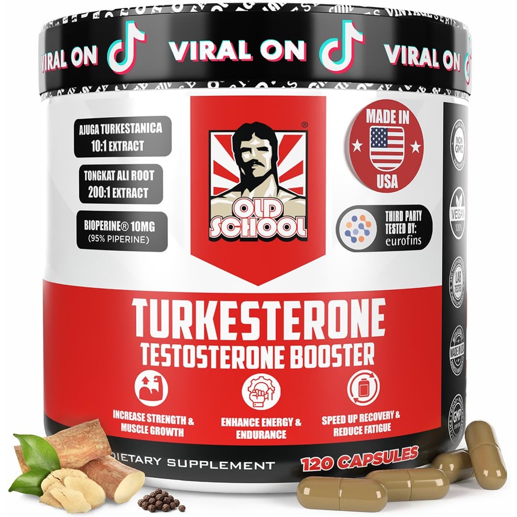 Old School Labs Testosteron supplement til mænd - Max Potency Tongkat Ali med BioPerine ® til Max Absorption, Understøtter muskler, Styrke, Inddrivelse, Drive & Stamina - Turkesterone, 120 kapsler