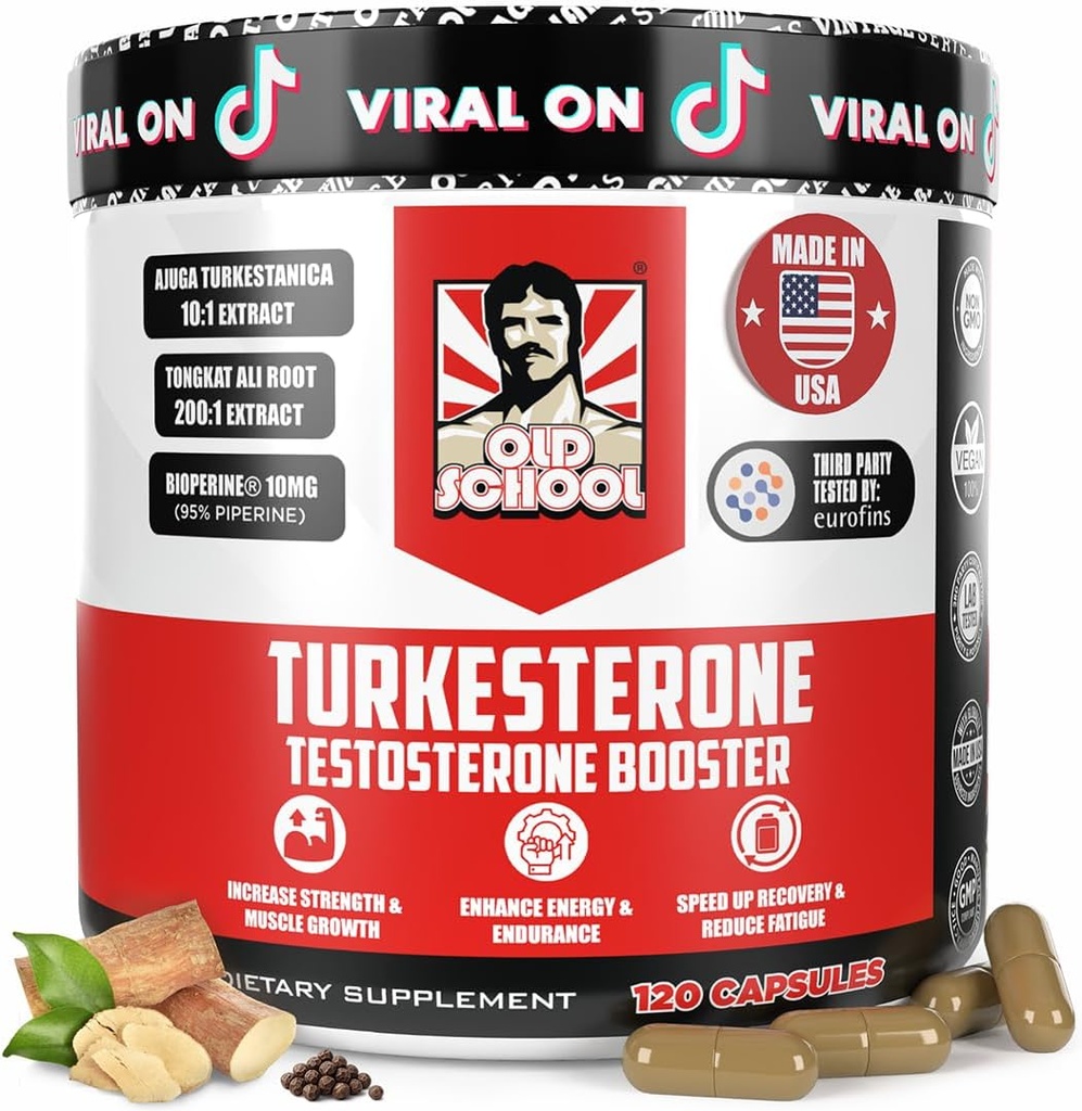 Old School Labs Testosteron tillæg for mænd - Turkesterone 1500mg Max Potency + Tongkat Ali & BioPerine ® - Muscle Growth, Recovery, Drive & Stamina - 120 Caps, 40 Servere