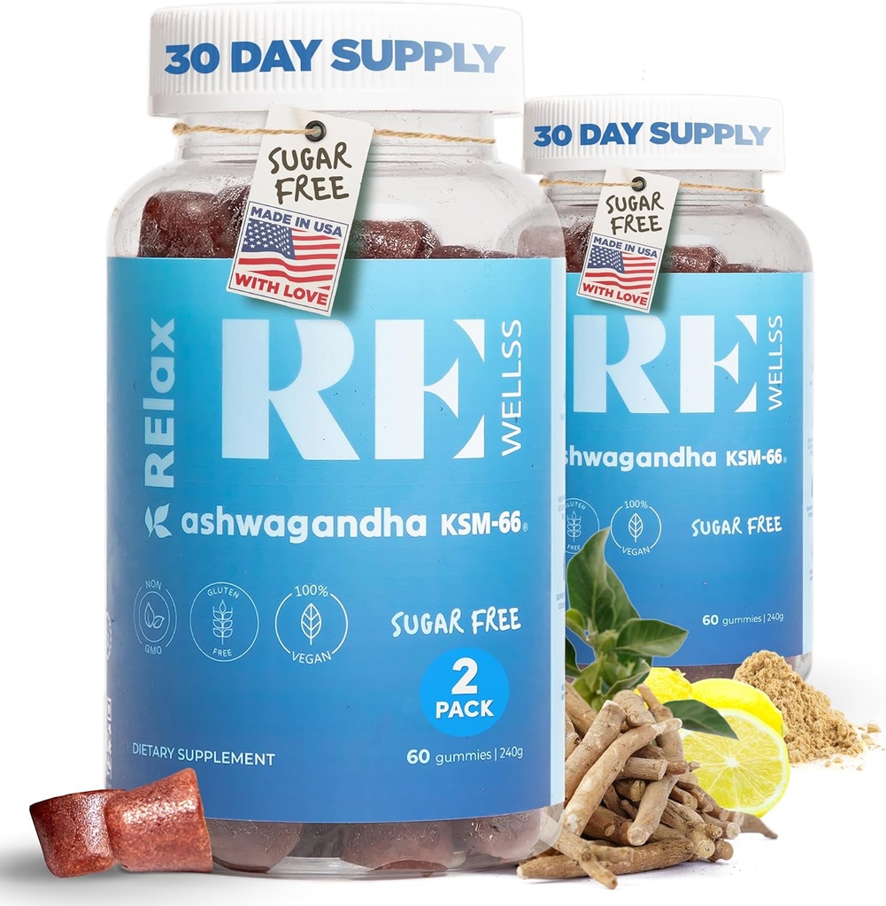 Ashwagandha & D-vitamin Gummies against 125; Kosttilskud 124; KSM 66 Ashwagandha til stress support 300mg 124; L- Theanine Lemon Balm 124; Natural Herbal Non- GMO Sugar Free Gluten & Gelatine Free Glutine 124; 2 Pack